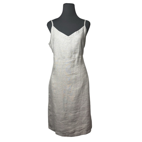 Eileen Fisher Linen Dress Tan Silver Metallic Shimmer Slip Minimalist SZ L - Picture 15 of 16